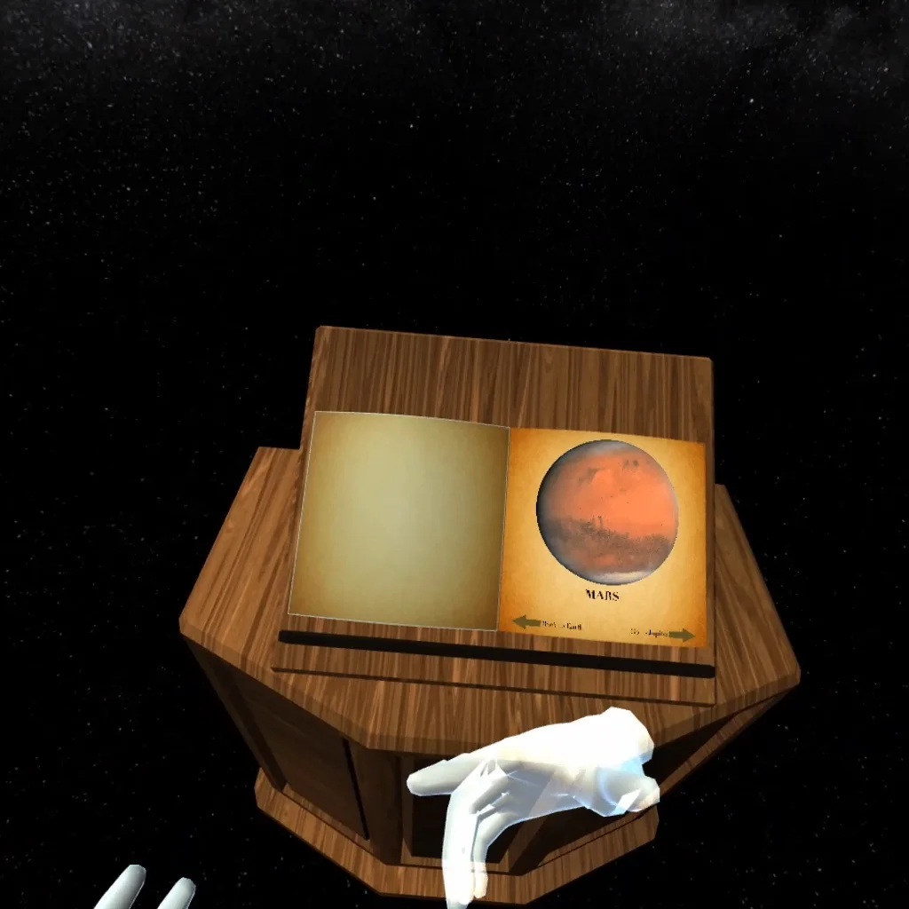 An open book shows Mars against a star-filled sky