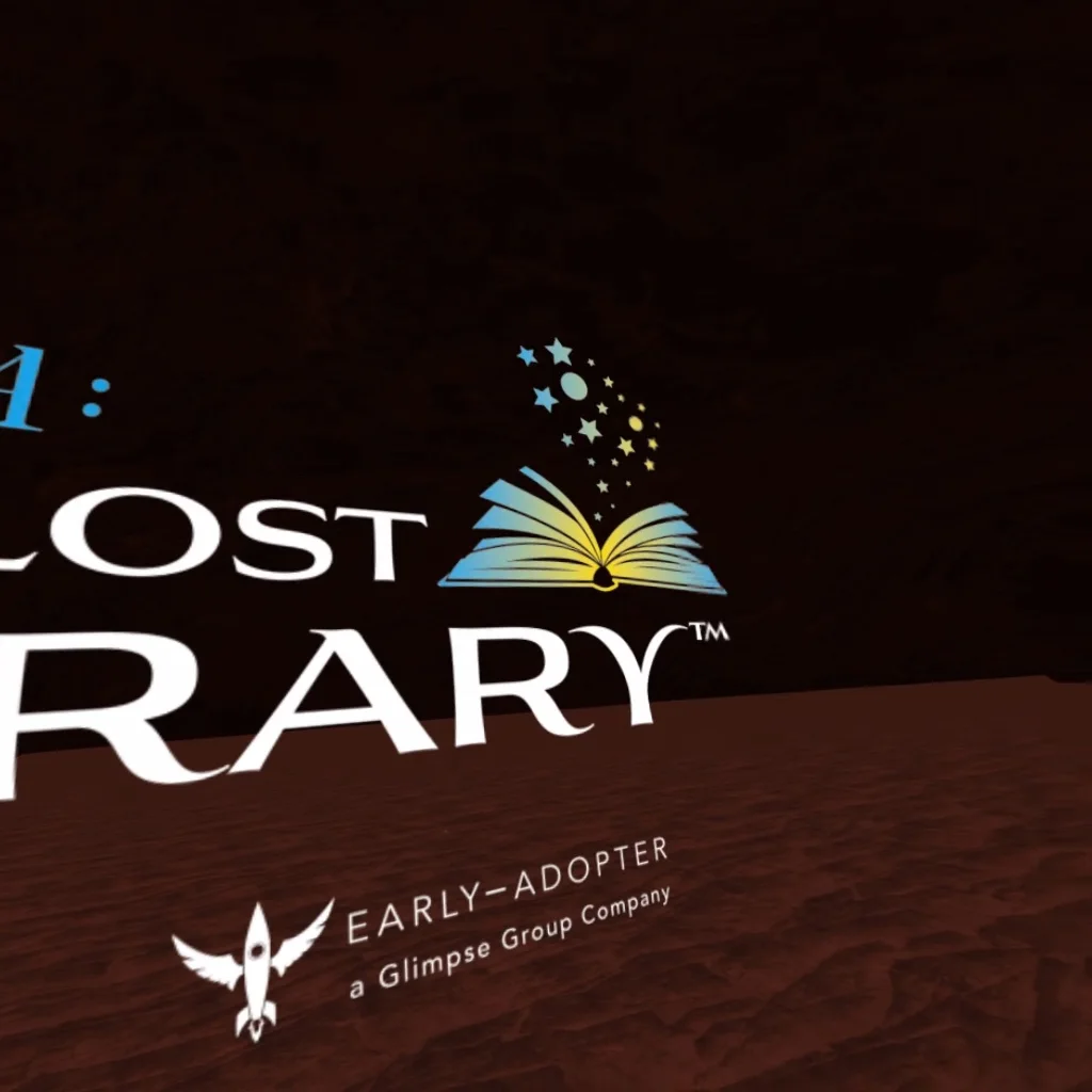 The Lost Library title and Early-Adopter logo in the cavern