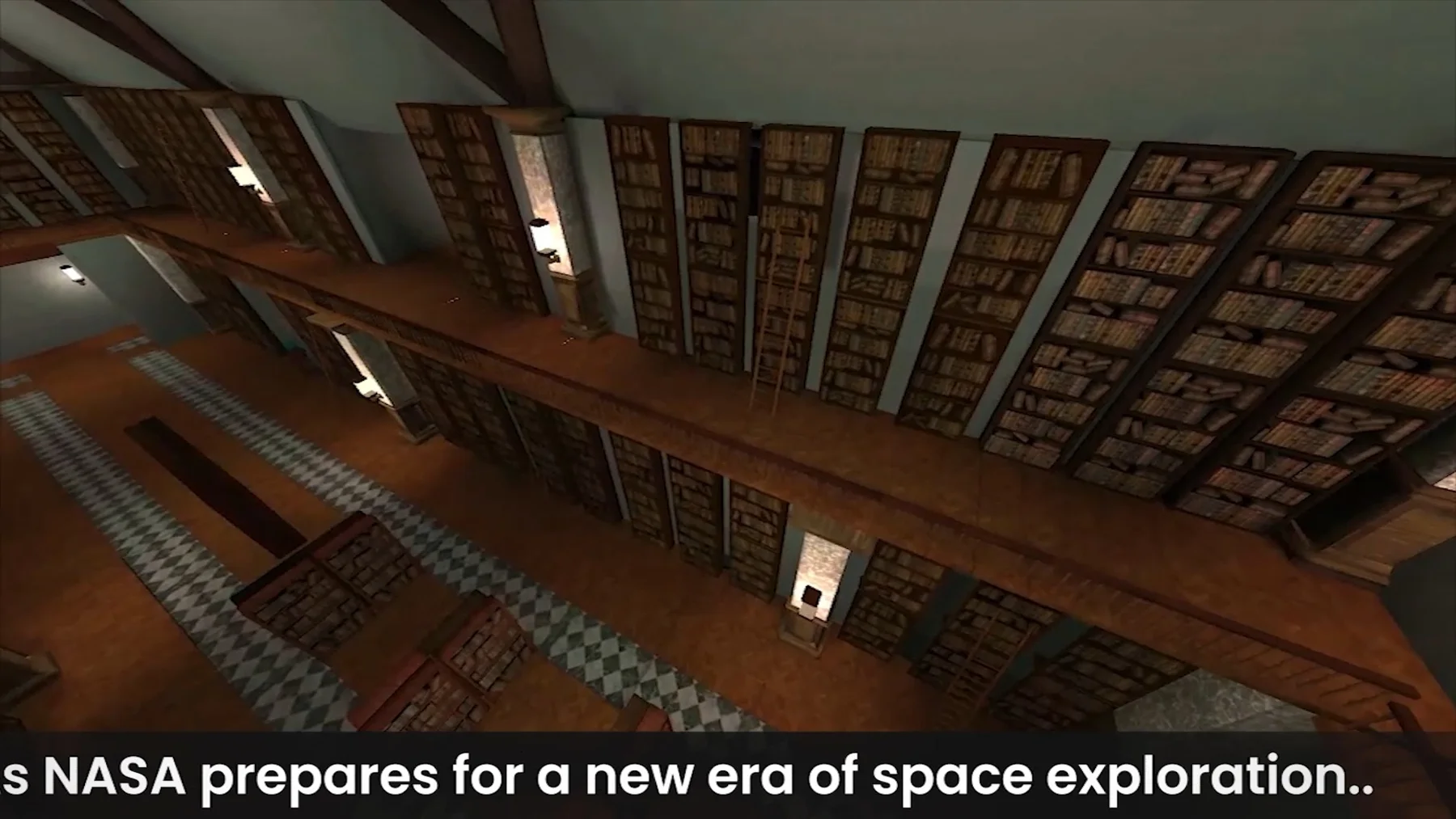 A sweeping view of the library shelves from the main film