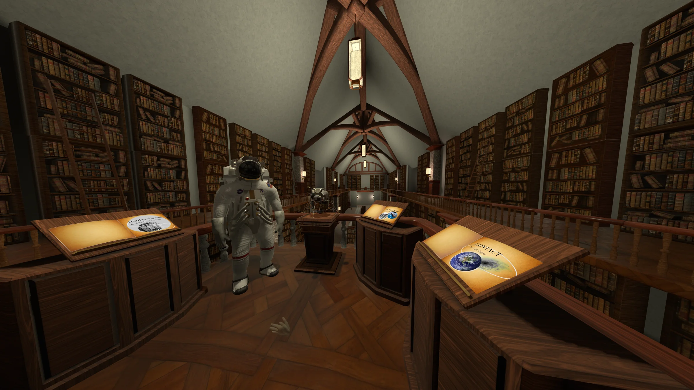 A wide view of the Lost Library with an astronaut, lunar module, and books
