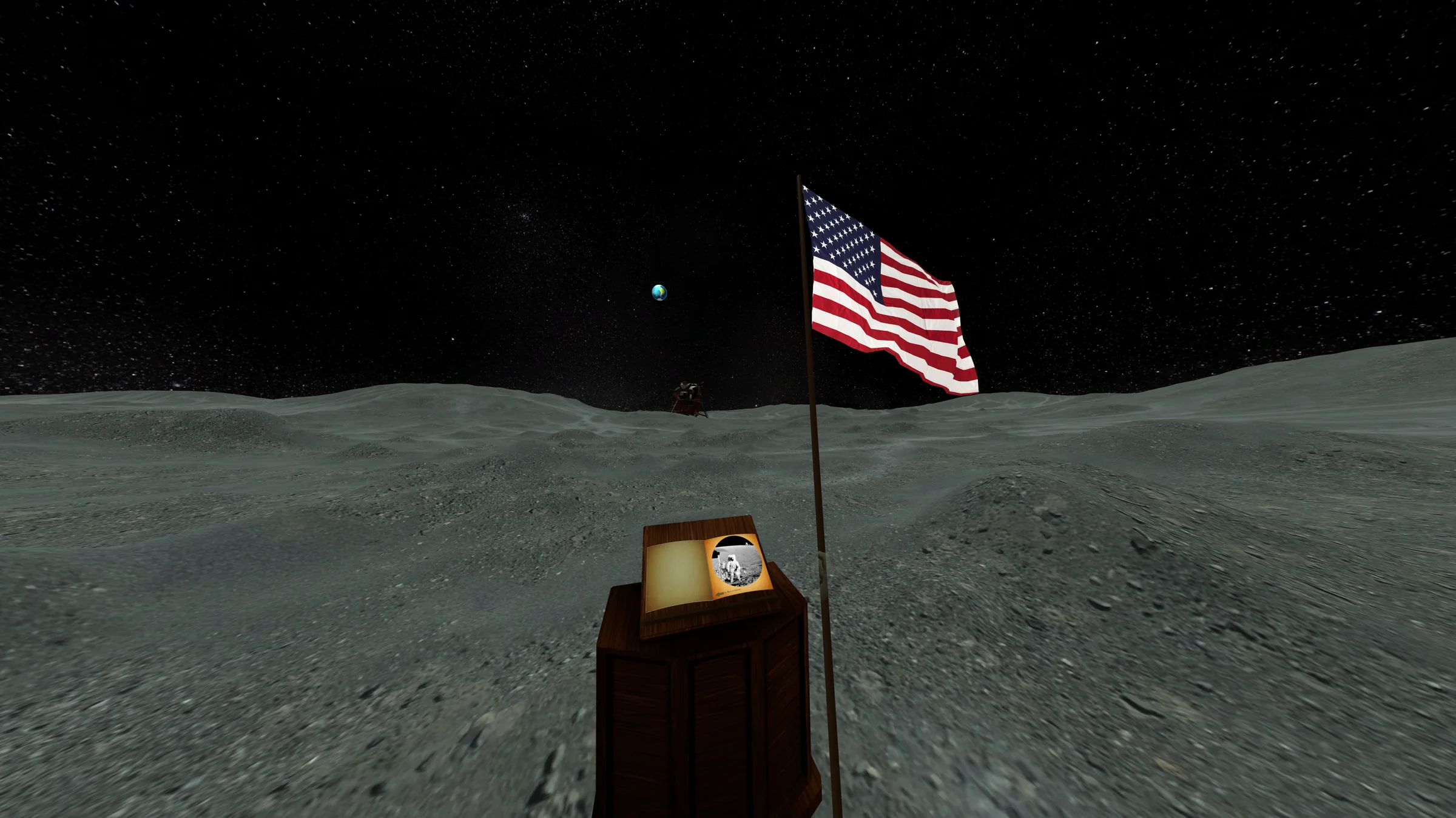 An Apollo book and American flag on the Moon with Earth in the distance
