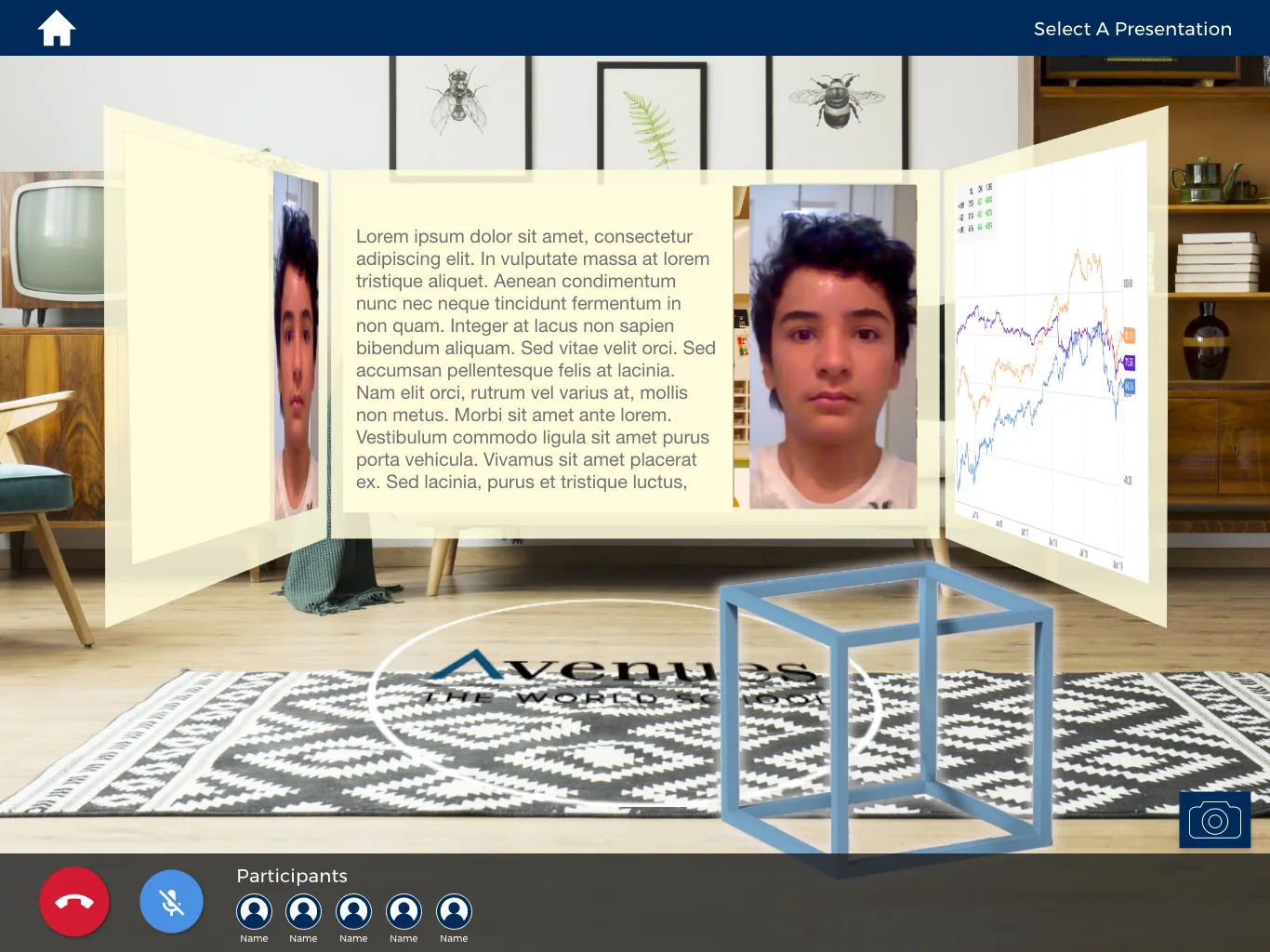 ARea interface design showing a student presentation in a shared exhibition