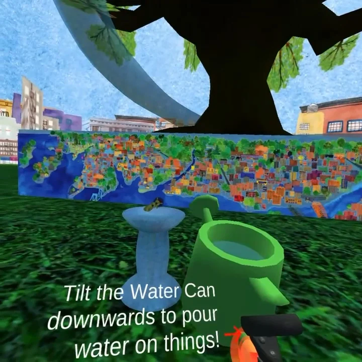 A virtual watering can beside mural artwork in Borough of Rivers
