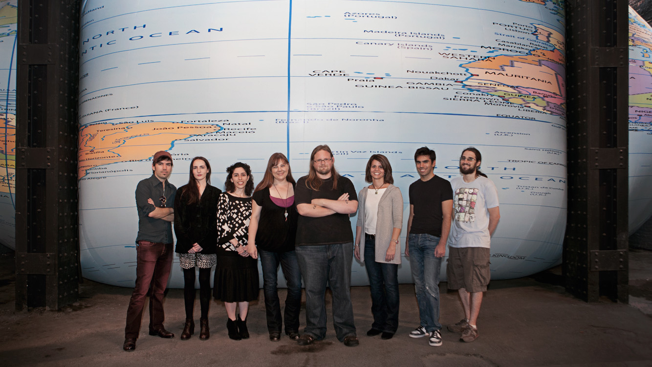 Jay Van Buren with the Early-Adopter team beneath David Byrne's Tight Spot installation