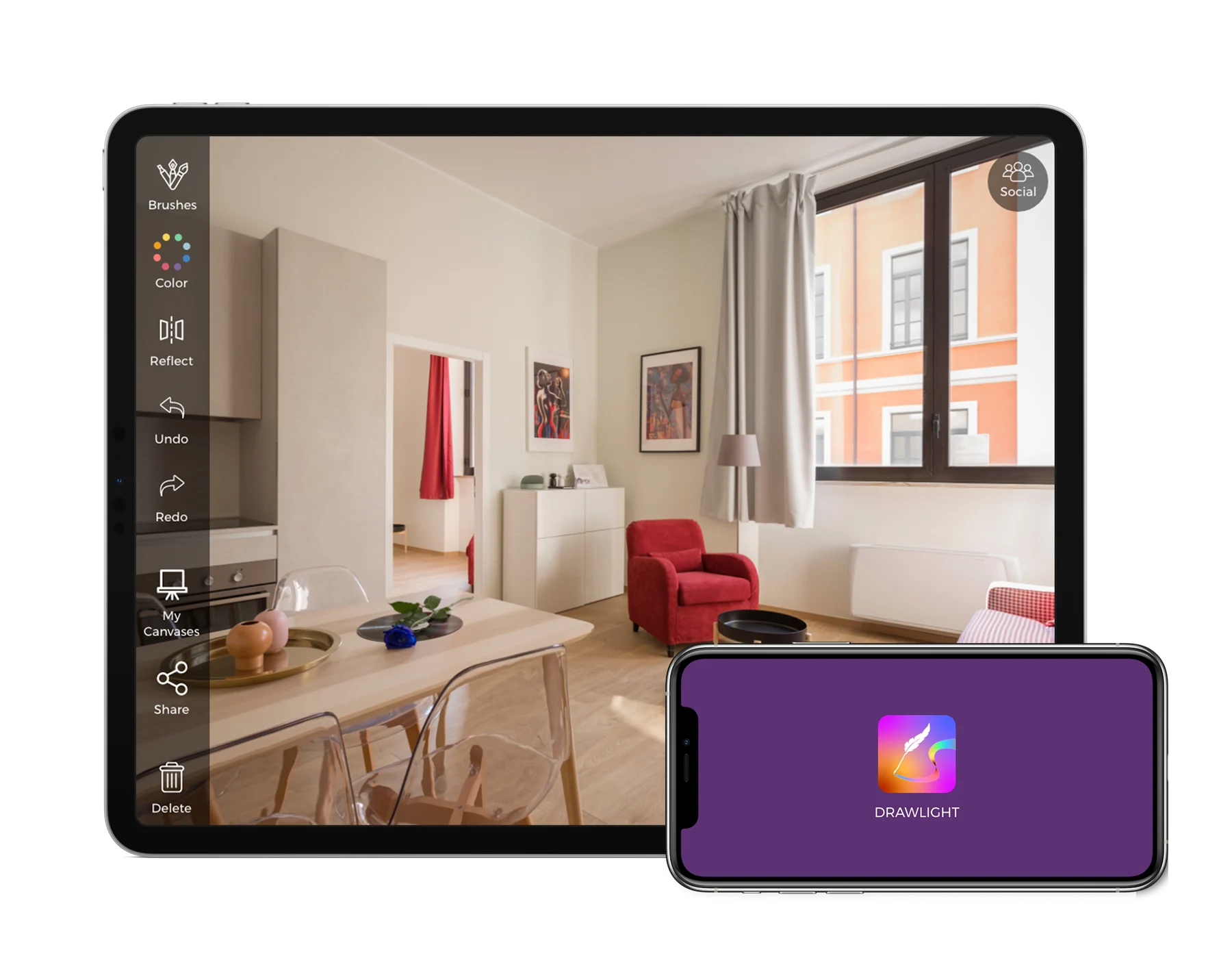 Drawlight presentation image showing the app on a tablet and phone