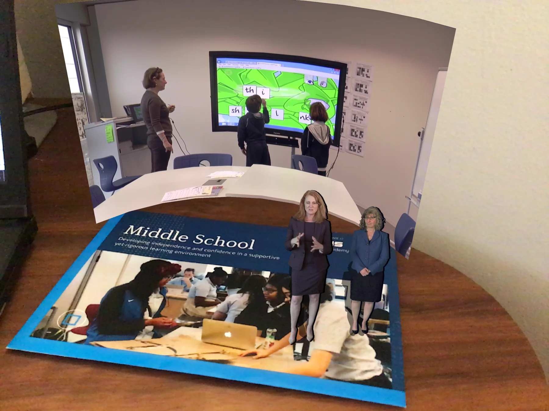 GEMS middle school postcard with students and a classroom scene